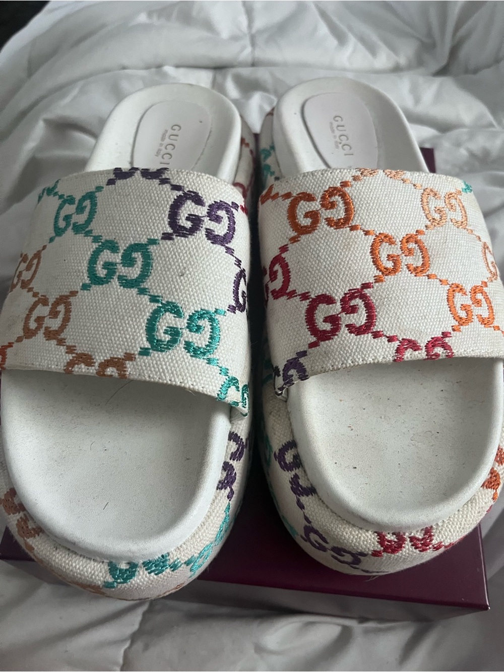 Gucci White Canvas Slides with Rainbow GG Embroidery